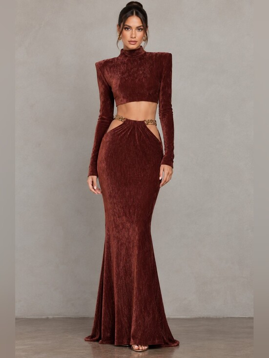 Bronx and Banco Dresses & Skirts - Bronx & Banco Cleopatra Rust Velvet Cutout Maxi Skirt Long Sleeve Gold Chain